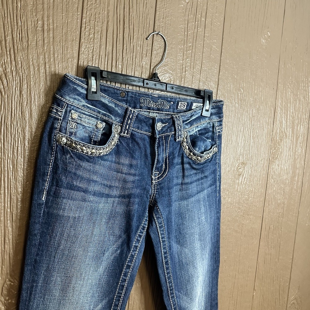 Miss Me Jeans Womens Sz 28 Bootcut Embellished Low Rise Logo Blue Dark Wash - Picture 2 of 8